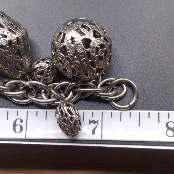 Vintage Etruscan Filigree Silver tone metal Charm 7 1/2'' Bracelet - Picture 5 of 5